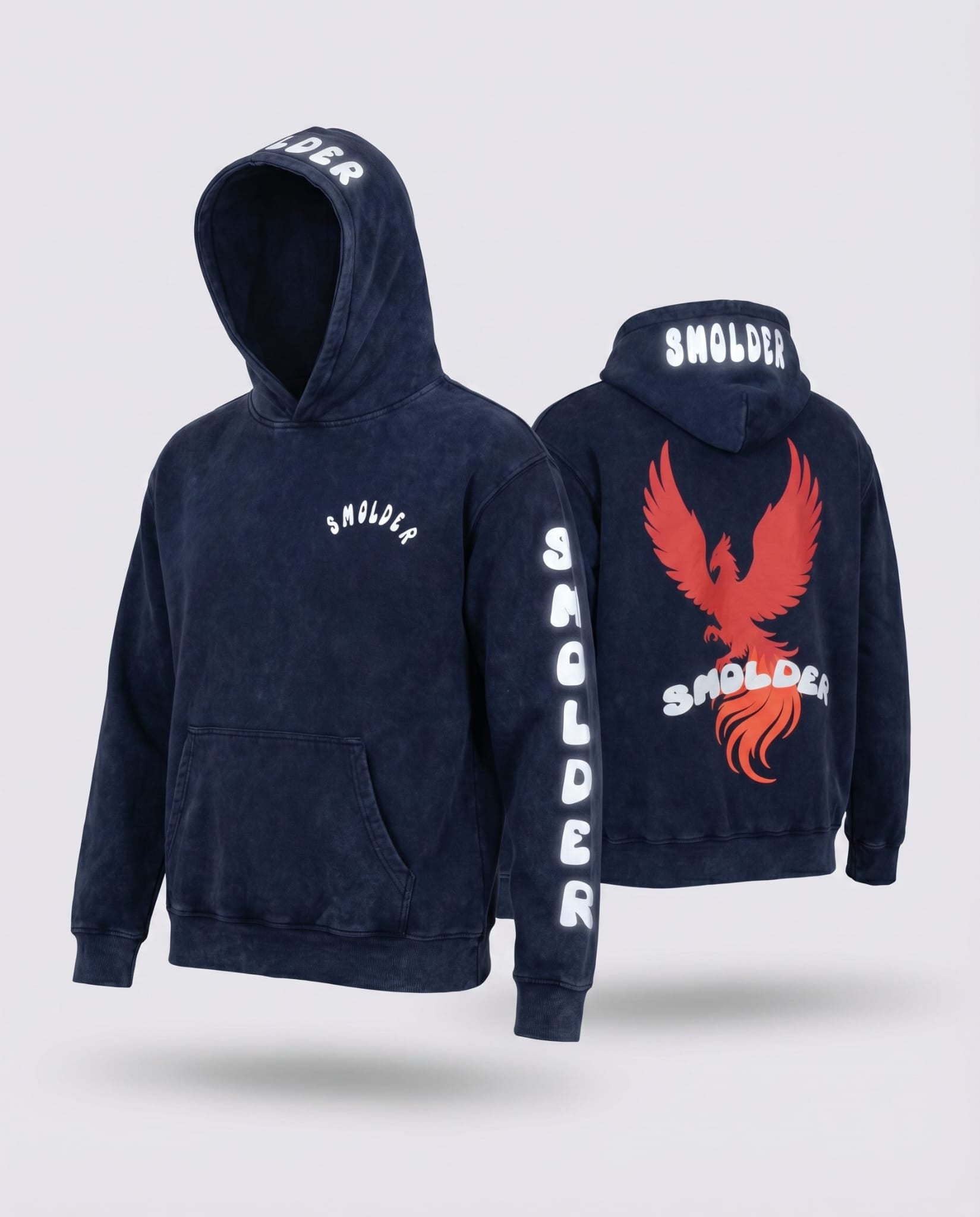 Acid wash premium hoddie with reflective print (Navy Blue)